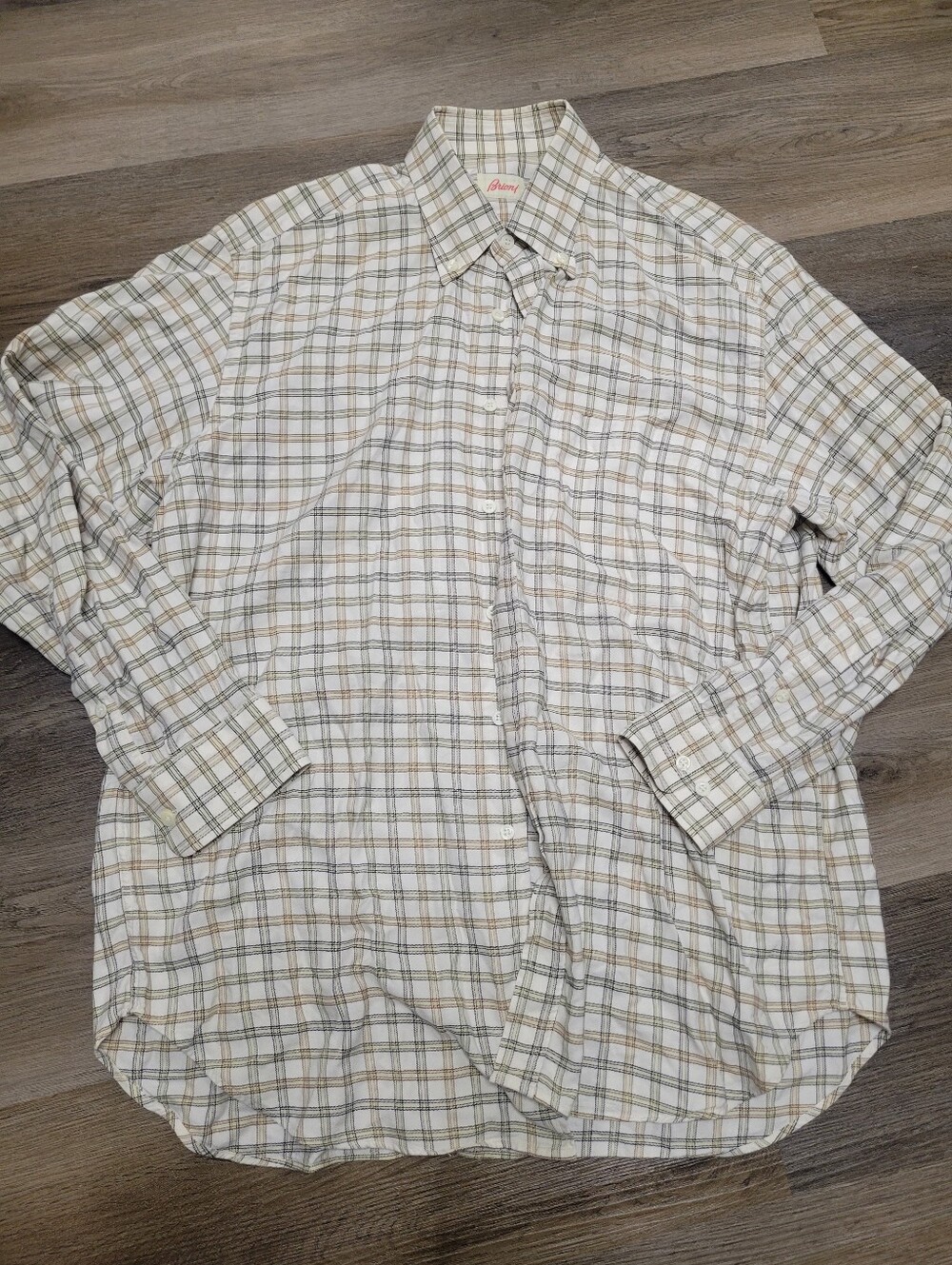 Brioni Cream Plaid Button-Down Shirt with Black & Tan Stripes